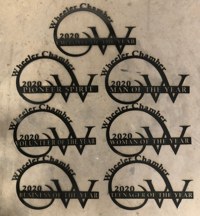 Custom Metal Awards and Trophies - 2020 "of the year" awards with curly W initial for Wheeler, Texas designed and built by HL Guest Handmade in Texas