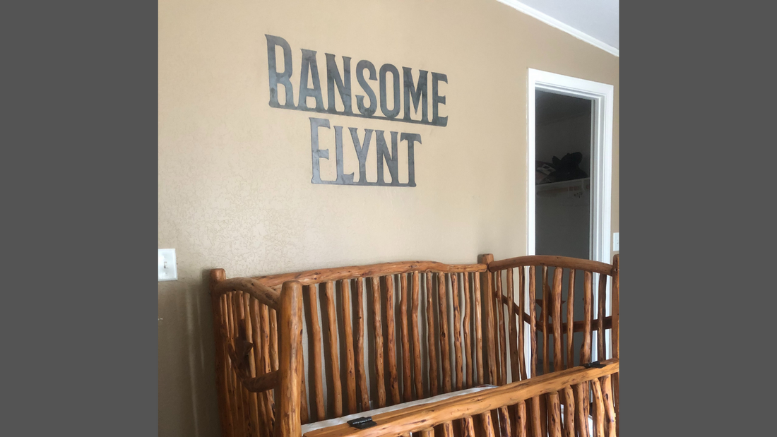 Custom Metal Nursery Name Sign designed and cut by HL Guest Handmade with Name Ransome Flynt