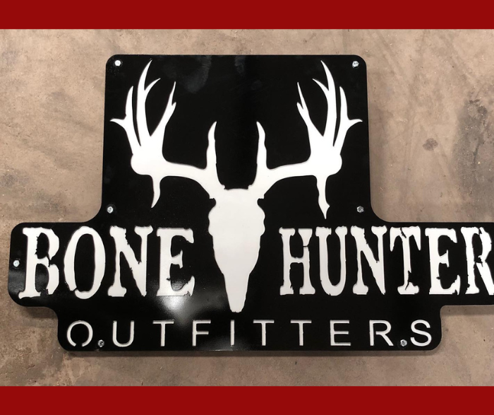 custom black and white metal business sign made with love by HL Guest Handmade for Bone Hunter Outfitters in Wheeler Texas