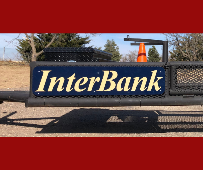 custom navy and tan metal business sign made with love by HL Guest Handmade for Interbank in Canadian Texas
