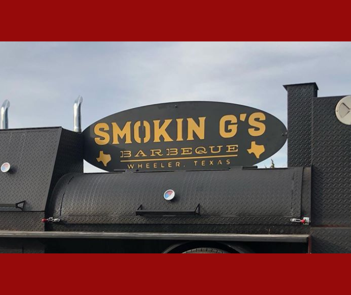 custom black and gold smoker sign made with love by HL Guest Handmade for Smokin G's BBQ in Wheeler Texas