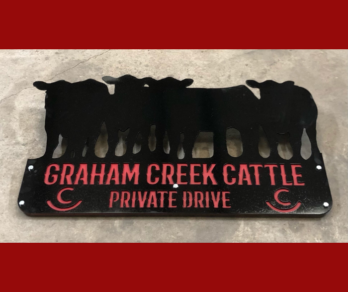 custom metal ranch business sign with calves made with love by HL Guest Handmade for Graham Creek Cattle Co in Wheeler Texas