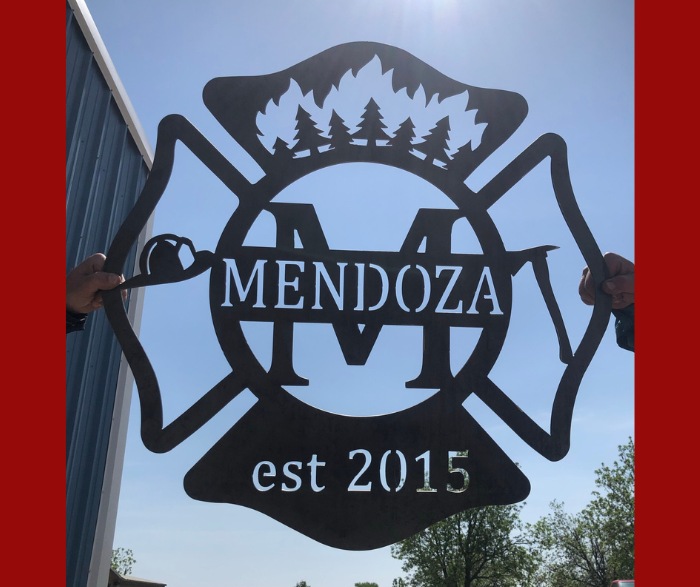 Metal custom fire fighter sign with name, axe, helmet, tree fire, wild fire, and established date made by HL Guest Handmade