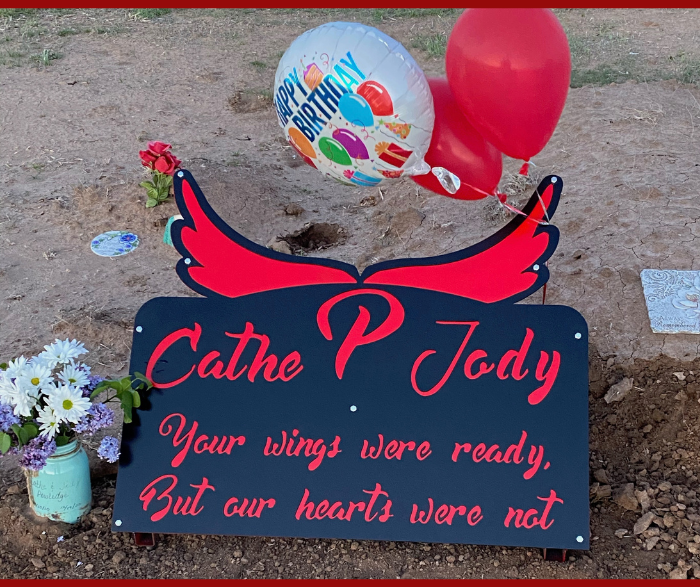 Custom Memorial with wings "your wings were ready, but our hearts were not" made of metal by HL Guest Handmade for Jody and Cathe Powledge
