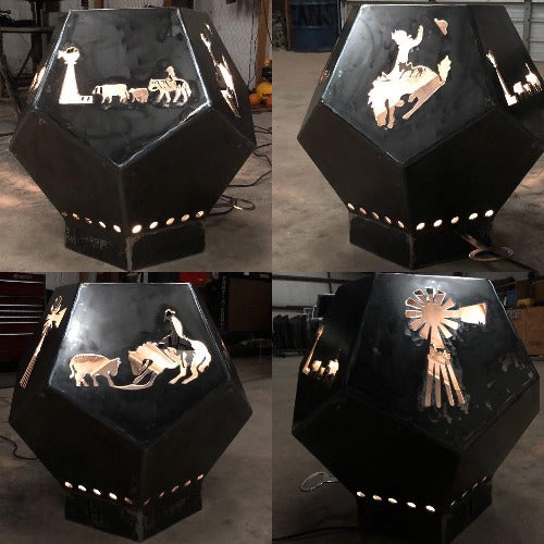 Metal Fabrication & Custom Welded Fire Pits in a geometric ball shape with cowboy, cattle, bucking horse, and windmill designed and fabricated by HL Guest Handmade