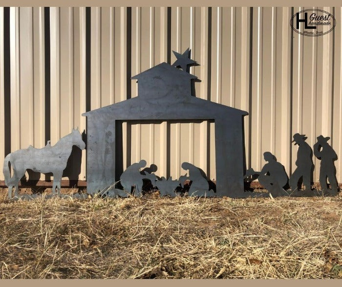 Cowboy Metal Nativity Scene with horse, 3 cowboys, and Cowboy Joseph and Mary in a stable and 5 point star on top cut by HL Guest Handmade