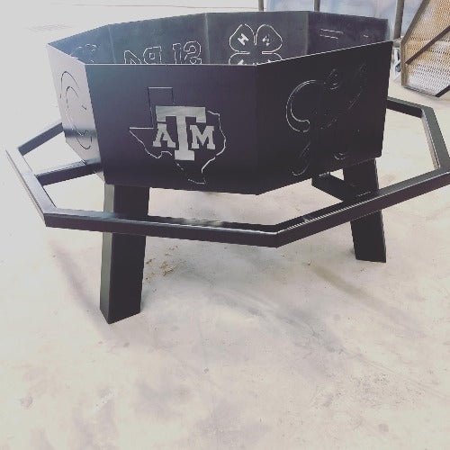 Octagon shaped metal fabrication & custom welded fire pits with foot rails designed and fabricated by HL Guest Handmade in Texas