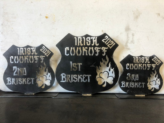 Custom Metal Awards and Trophies - 1st, 2nd, and 3rd place Brisket Awards for 2021 Irish Cookoff designed and built by HL Guest Handmade in Texas