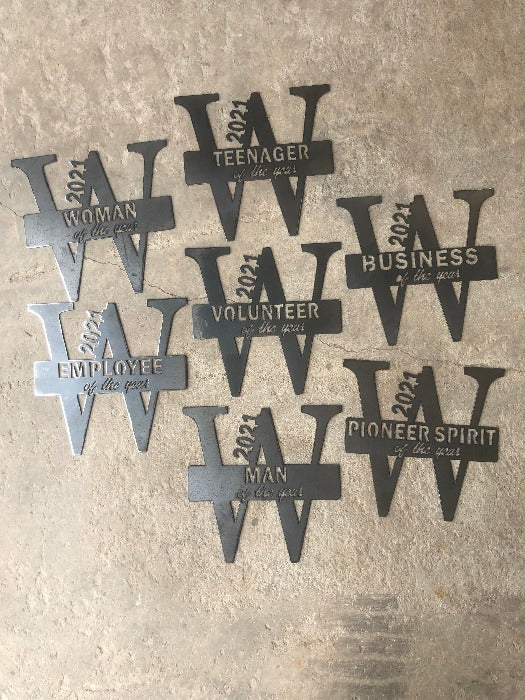 Custom Metal Awards and Trophies - 2021 "of the year" awards with W initial for Wheeler, Texas designed and built by HL Guest Handmade in Texas