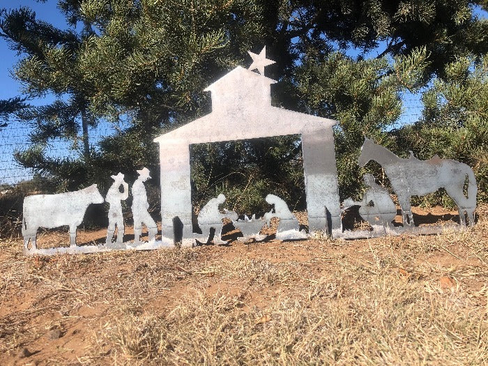 Cowboy Metal Nativity Scene with horse, cow, 3 cowboys, and Cowboy Joseph and Mary in a stable and 5 point star on top cut by HL Guest Handmade