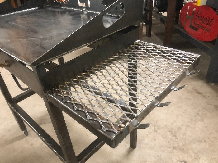 Side view of custom Propane Flat Top Griddle Grill with side table and utensil hanger designed and built by HL Guest Handmade