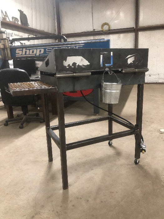 Rear view of custom propane flat top griddle grill with side table and utensil hanger designed and built by HL Guest Handmade
