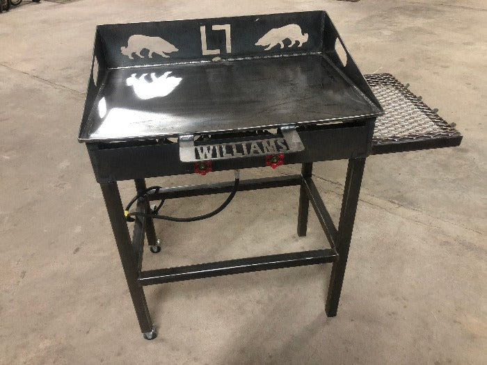 Custom Propane Flat Top Griddle Grill with side table and utensil hanger designed and built by HL Guest Handmade