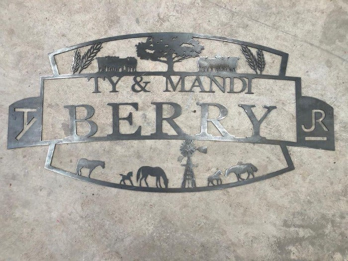 Custom metal Ranch Sign with name, brands, horses, windmill, cattle, wheat, and tree by HL Guest Handmade